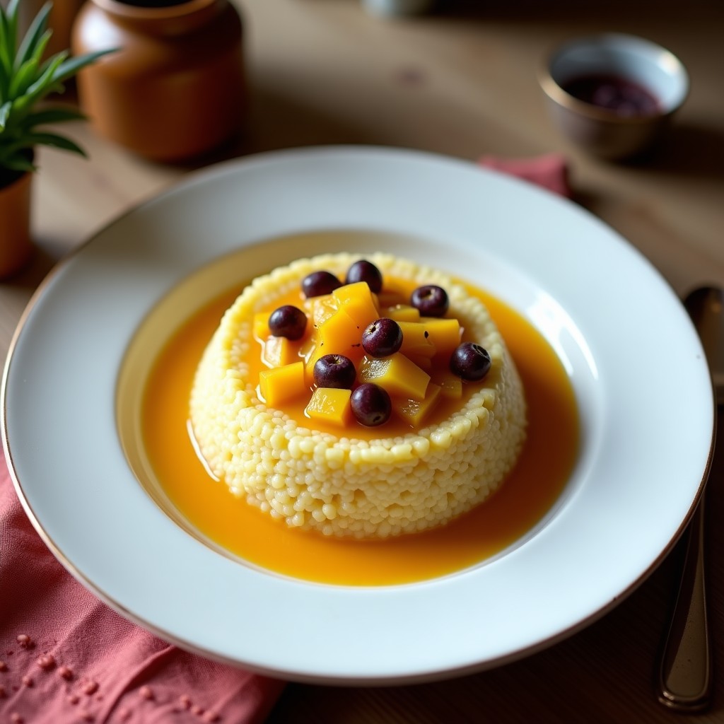 Bol de cerámica blanca con porridge de mijo cremoso, cubierto de compota de maracuyá amarilla brillante, coco rallado y almendras fileteadas. Desayuno sin gluten y energético sobre fondo rústico de madera.