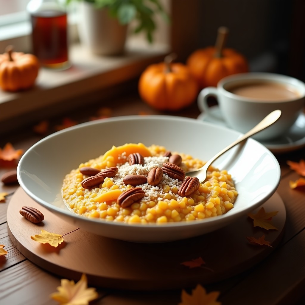 Bol de cerámica blanca con porridge de quinoa y calabaza, textura cremosa y color dorado, decorado con nueces pecanas tostadas, coco rallado y un espolvoreado de especias pumpkin spice. Fondo rústico con una cuchara de madera y hojas de otoño.