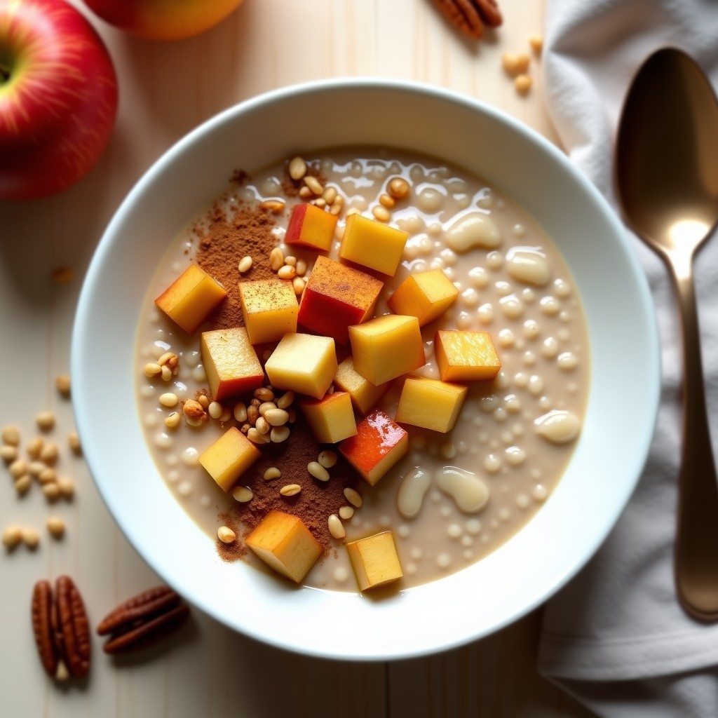 Bol de cerámica blanca con porridge de quinoa cremoso, decorado con manzana asada dorada, nueces pecanas troceadas, semillas de chía y un hilo de mantequilla de almendras. Espolvoreado con canela en polvo sobre fondo rústico de madera oscura.