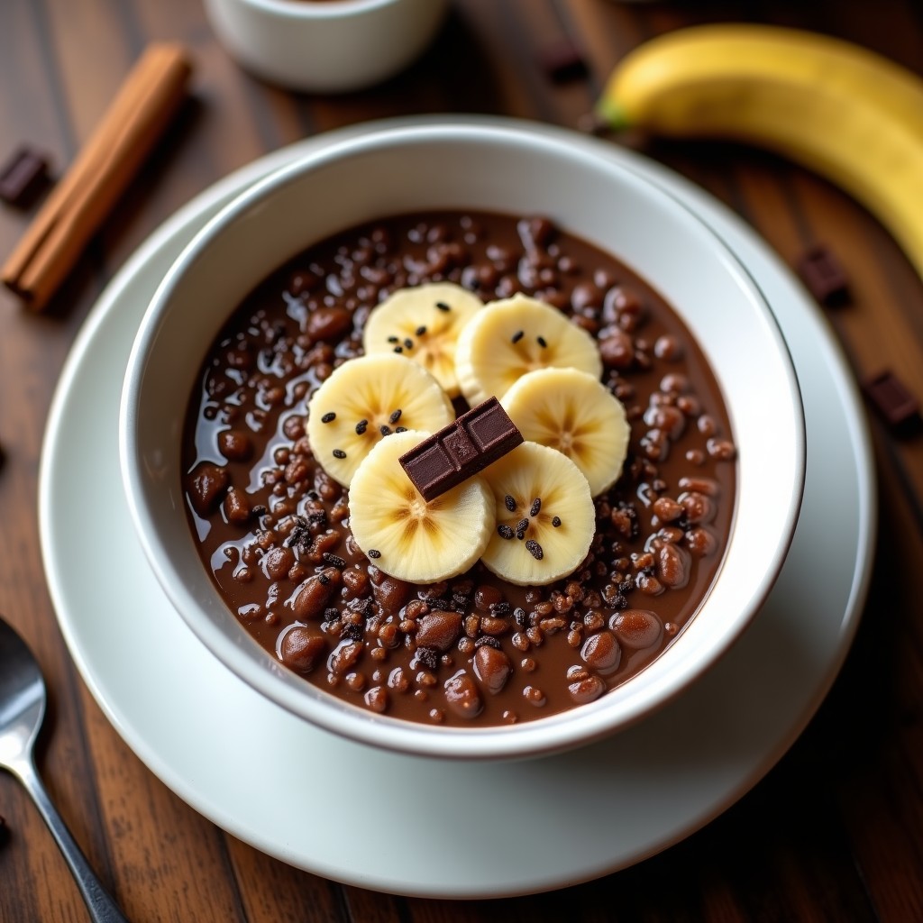 Bol de cerámica blanca con porridge de quinoa y chocolate negro, decorado con rodajas de plátano macho y virutas de chocolate 85%. Textura cremosa y color marrón oscuro. Fondo de madera rústica con semillas de chía esparcidas.