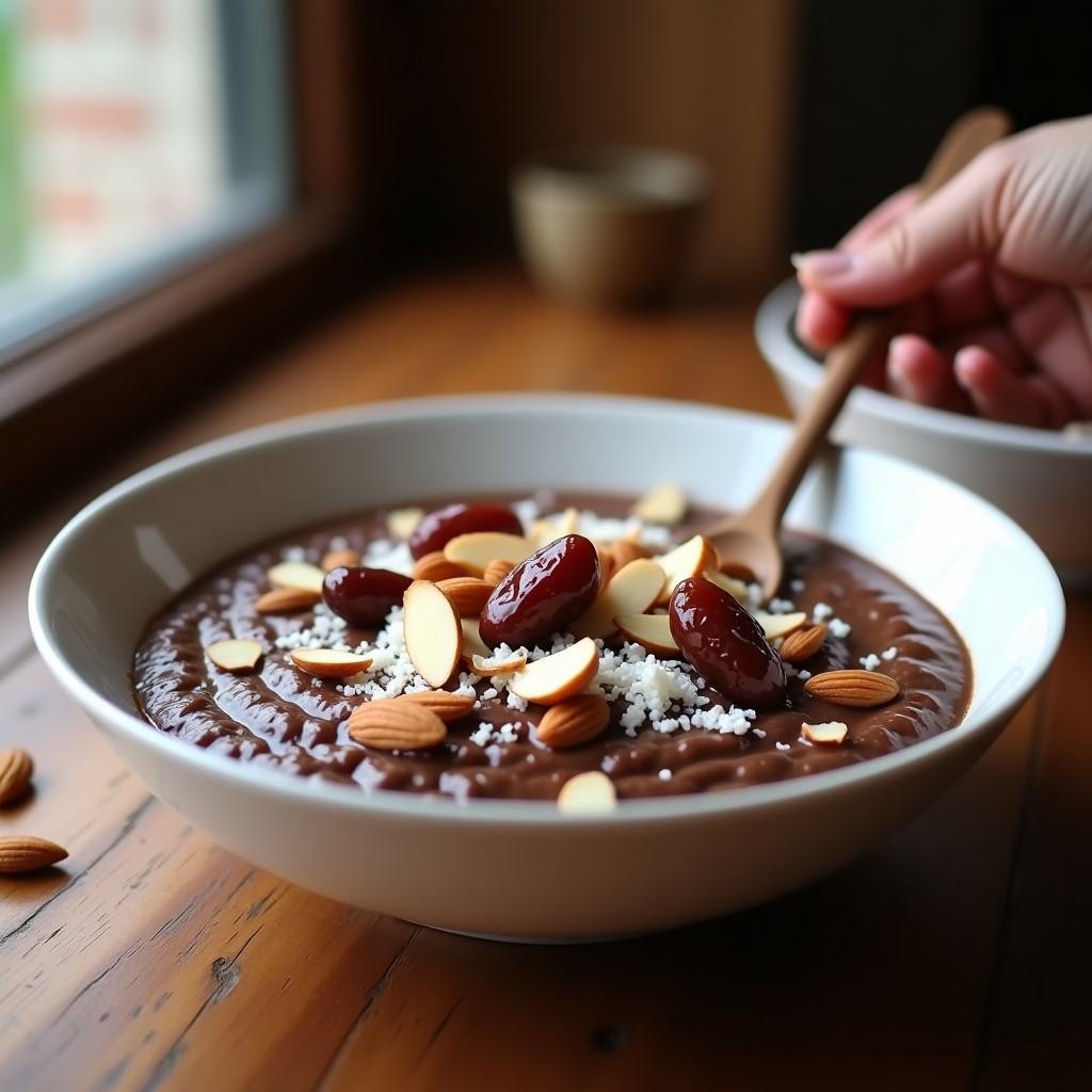 Cuenco de cerámica blanca con porridge de quinoa y chocolate negro vegano sin gluten, decorado con almendras fileteadas tostadas, cocos rallados y trozos de dátiles. Textura cremosa con toppings crujientes, fondo de madera rústica y cuchara de madera.