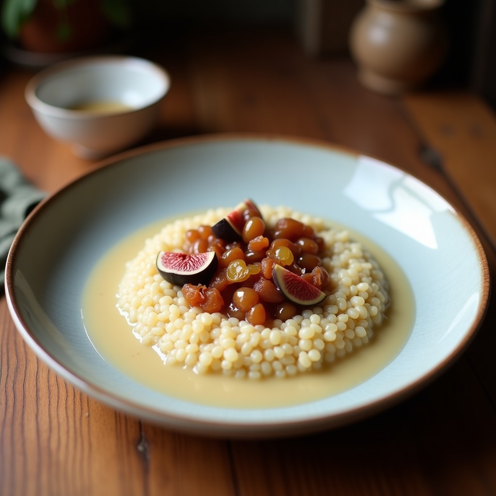 Bol hondo de cerámica blanca con porridge de quinoa cremoso, cubierto de compota de higos dorados, nueces picadas y coco rallado. Textura espesa y brillante, servido con una cuchara de madera sobre fondo rústico de madera.