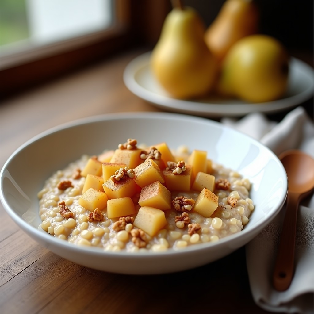 Bol de cerámica blanca con porridge de quinoa cremoso, cubierto de compota de pera dorada y canela, decorado con avellanas tostadas picadas. Fondo rústico con cuchara de madera.