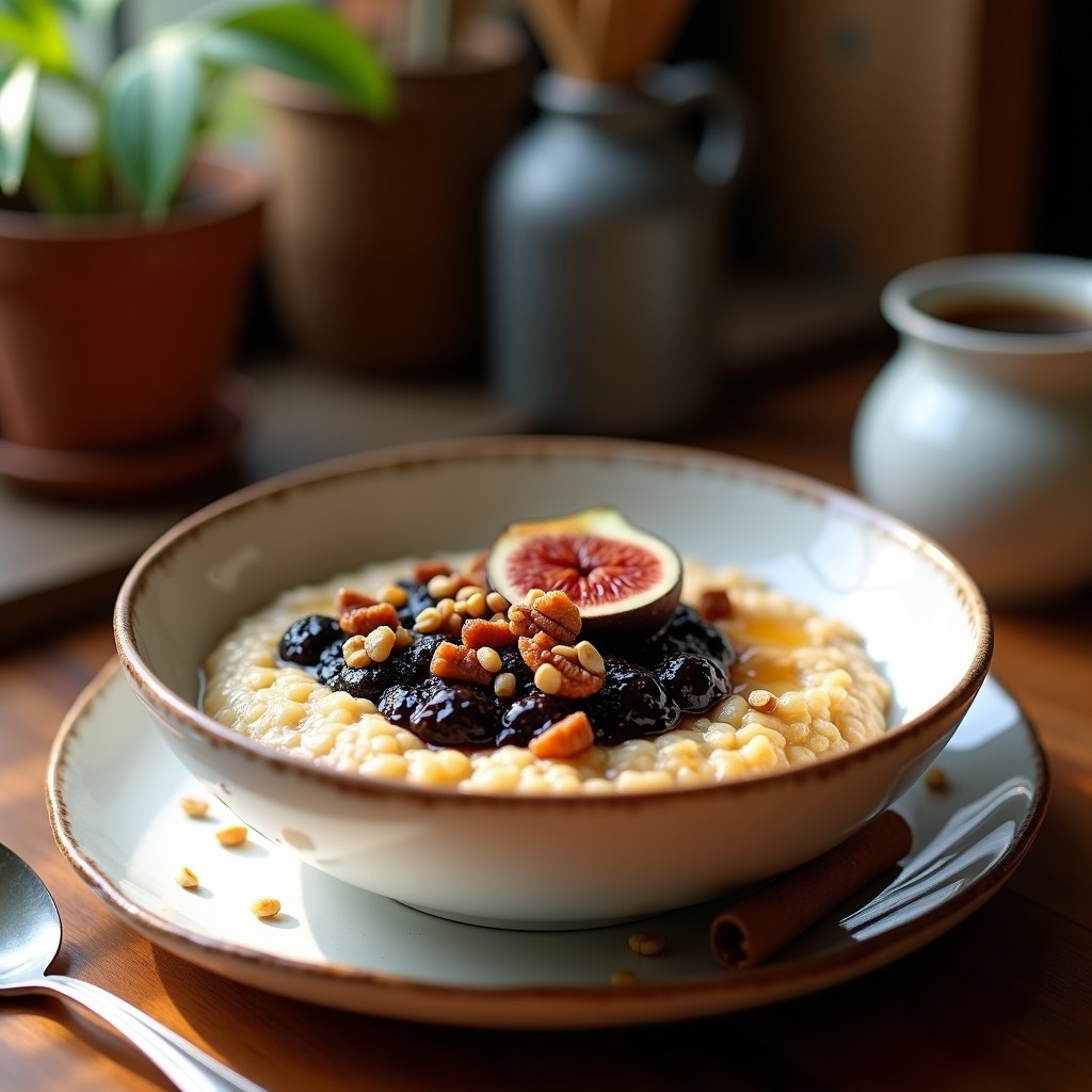 Bol de cerámica blanca con porridge de quinoa cremoso, cubierto de compota brillante de higos negros, nueces pecanas tostadas y un hilo de miel de agave. Fondo rústico con cucharón de madera.