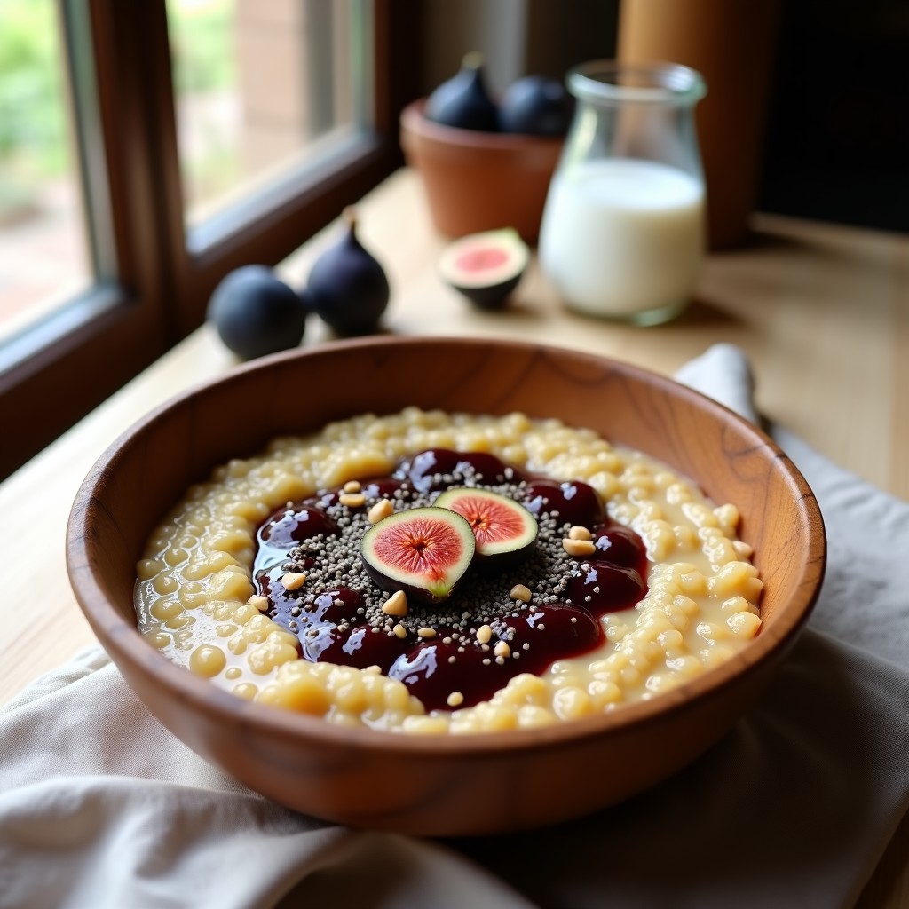 Bowl de porridge cremoso de quinoa y leche de avellanas, coronado con compota de higo brillante, semillas de chía y trozos de avellana tostada sobre fondo de madera clara.