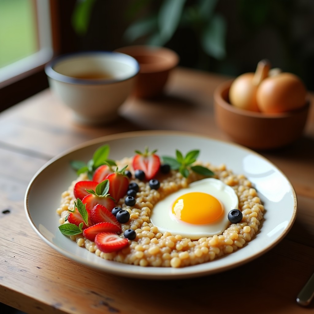 Bol de cerámica blanca con porridge de quinoa y leche de camello keto, cremoso y dorado, decorado con almendras tostadas y pétalos de rosa deshidratados. Fondo de tela beduina con tonos arena y detalles étnicos.