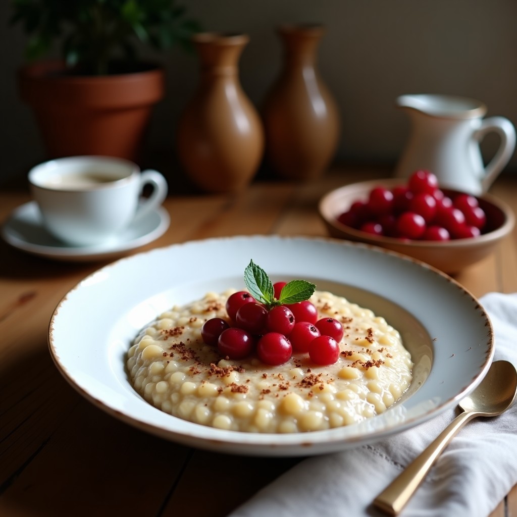 Bol hondo de cerámica blanca con porridge de quinoa cremoso, leche de coco y frutos rojos frescos (frambuesas y arándanos). Decorado con almendras fileteadas tostadas, coco rallado sin azúcar y un toque de canela en polvo. Fondo de madera clara con servilleta de lino y cuchara de madera. Desayuno keto sin lactosa.