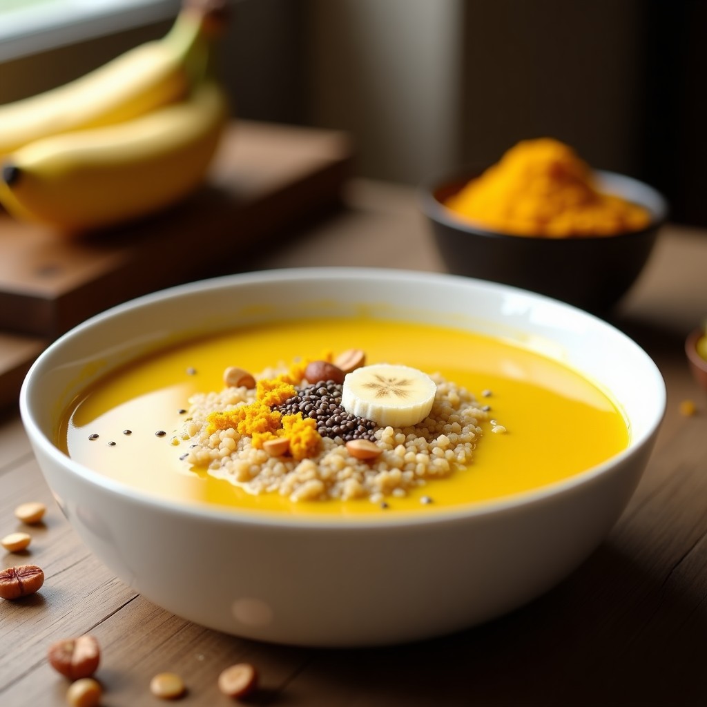 Bol de cerámica blanca con porridge de quinoa y leche de cúrcuma, decorado con nueces de Brasil picadas, semillas de chía y rodajas de plátano, sobre una mesa de madera con fondo borroso.