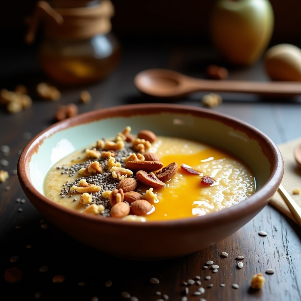 Bol de cerámica oscura con porridge de quinoa y polvo de lúcuma, cremoso y dorado, coronado con nueces pecanas tostadas, almendras fileteadas y semillas de chía. Al fondo, una cucharada de miel de abispa y un paño rústico andino.