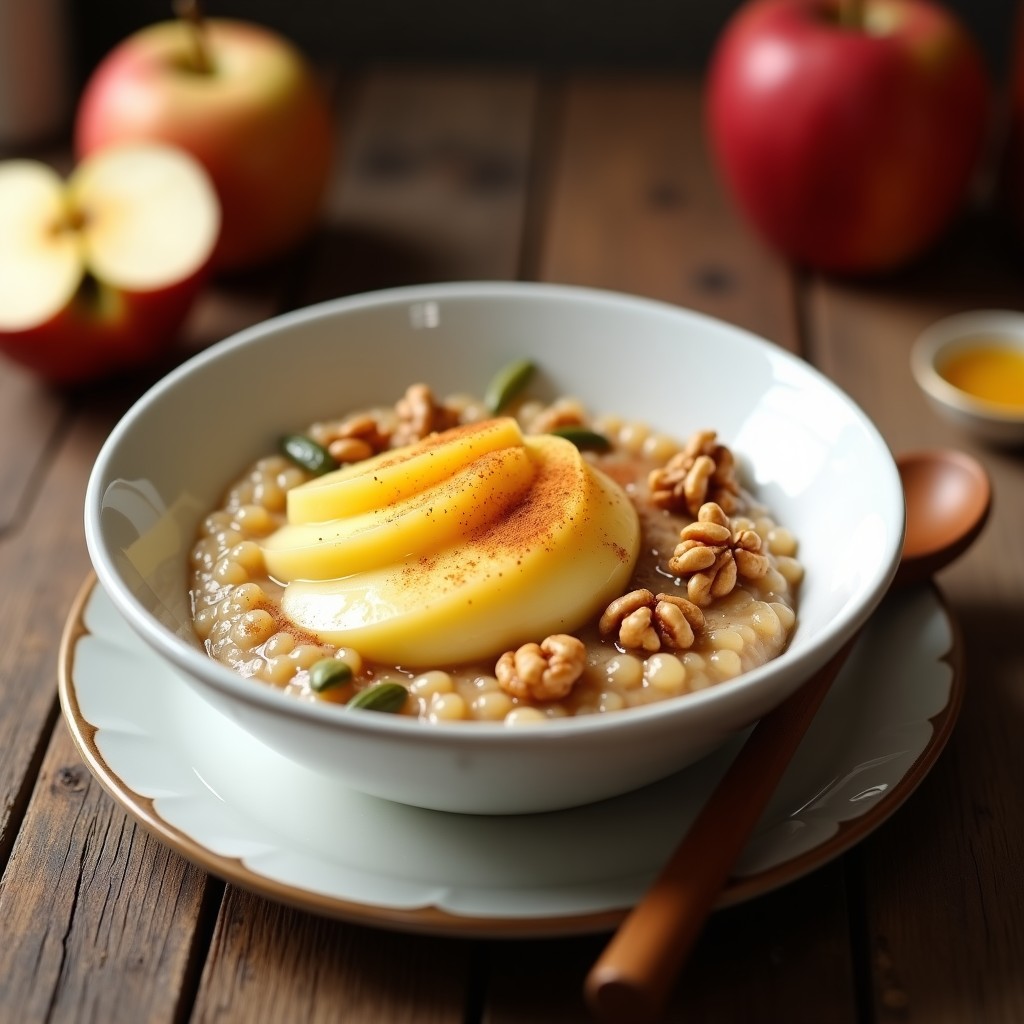 Bol hondo de cerámica blanca con Porridge de Quinoa con Puré de Manzana y Canela, decorado con nueces picadas y semillas de lino dorado, servido sobre una mesa rústica de madera con una cuchara de madera y un paño de lino a un lado.