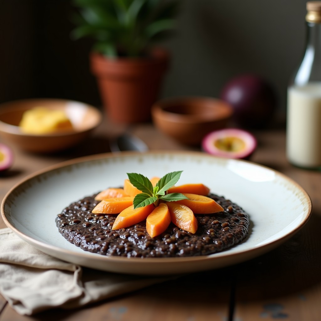 Bol de cerámica oscura con porridge cremoso de quinoa negra, cubierto de pulpa de granadilla amarilla y semillas negras, decorado con coco rallado y nueces pecanas tostadas. Desayuno andino sin lactosa sobre fondo rústico de madera.