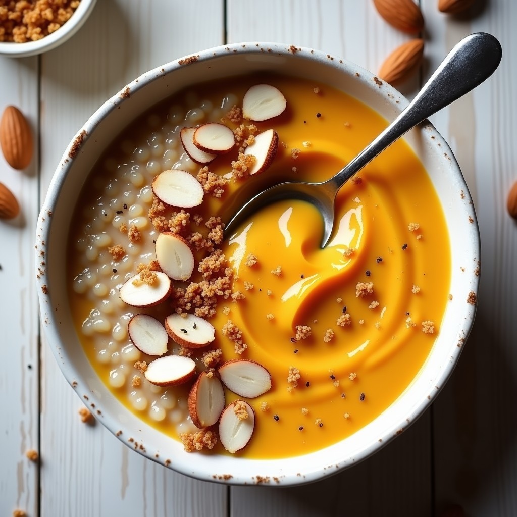 Cuenco de cerámica blanca con porridge cremoso de quinoa y puré de calabaza, decorado con almendras fileteadas, espolvoreado con nuez moscada y canela, sobre fondo de madera rústica. Desayuno keto en Thermomix.