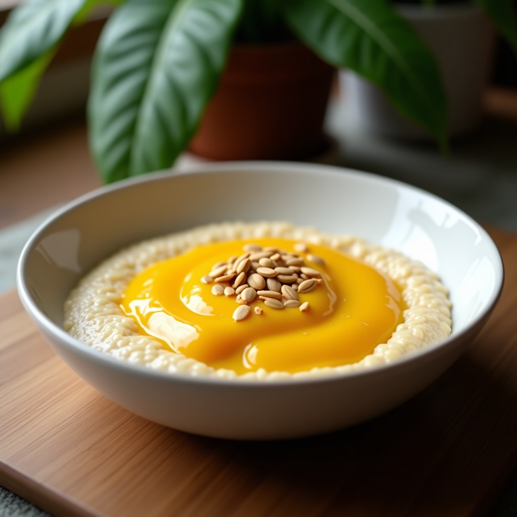 Bol de cerámica blanca con porridge cremoso de sorgo, cubierto de puré de mango amarillo intenso y semillas de calabaza tostadas doradas. Fondo rústico con hojas de planta verde y luz natural.