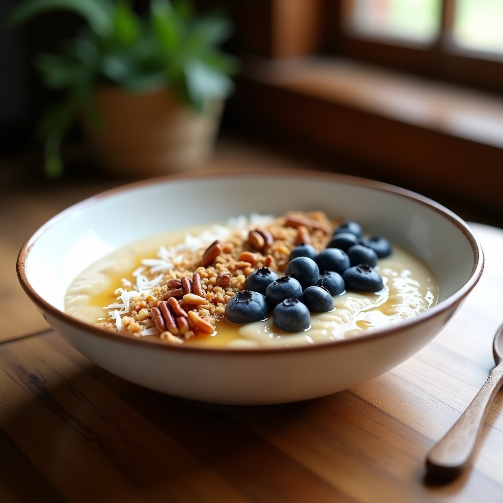 Bol de cerámica blanca con porridge de teff cremoso, decorado con arándanos frescos, nueces pecanas tostadas, coco rallado y un hilo de miel de agave. Fondo rústico de madera con cucharón de madera.