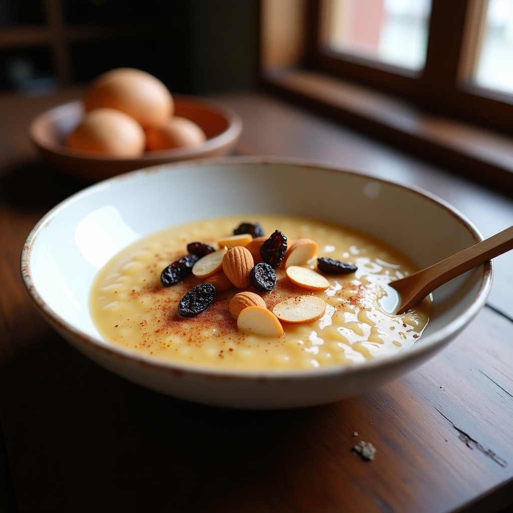 Bol de cerámica blanca con porridge cremoso de teff y canela, decorado con dátiles, almendras fileteadas, coco rallado y un toque de nuez moscada rallada. Plato de desayuno etíope alto en hierro y energía, servido con una cuchara de madera sobre un mantel de lino beige.