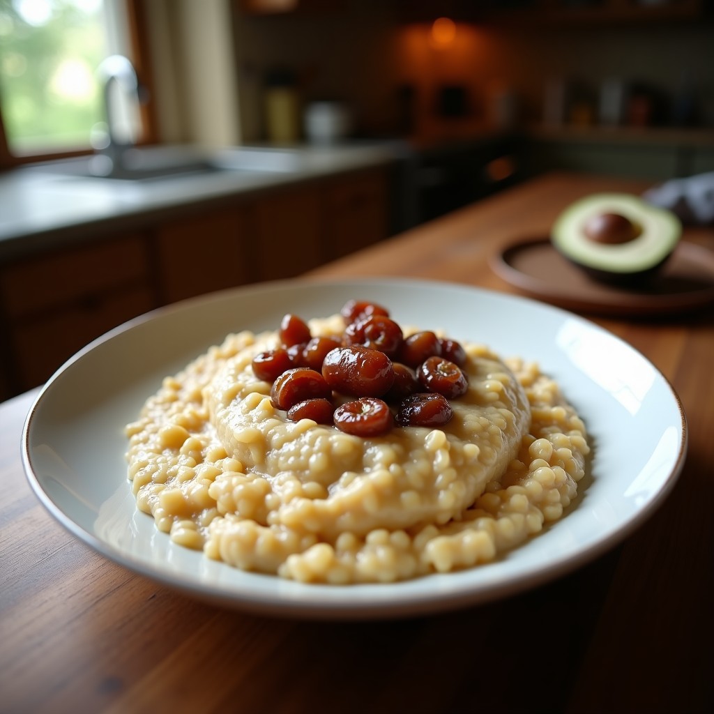 Bol de cerámica blanca con porridge de teff cremoso, coronado con dátiles en trozos y nueces pecanas picadas, bañado en leche de coco y espolvoreado con canela, sobre fondo rústico de madera.