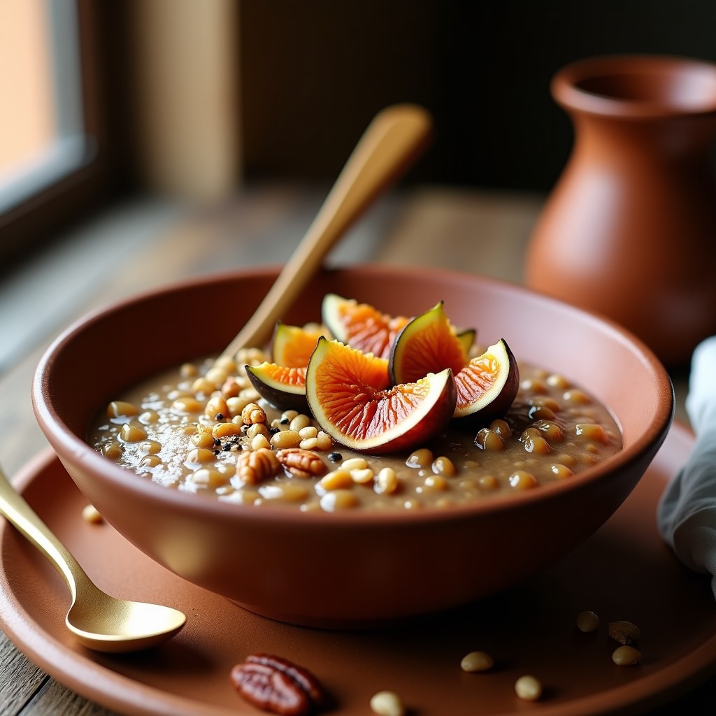 Bol de cerámica blanca con porridge cremoso de trigo sarraceno, higos caramelizados dorados, almendras tostadas y semillas de chía espolvoreadas. Fondo rústico con cuchara de madera y textura suave. Desayuno keto sin lactosa preparado en Thermomix.