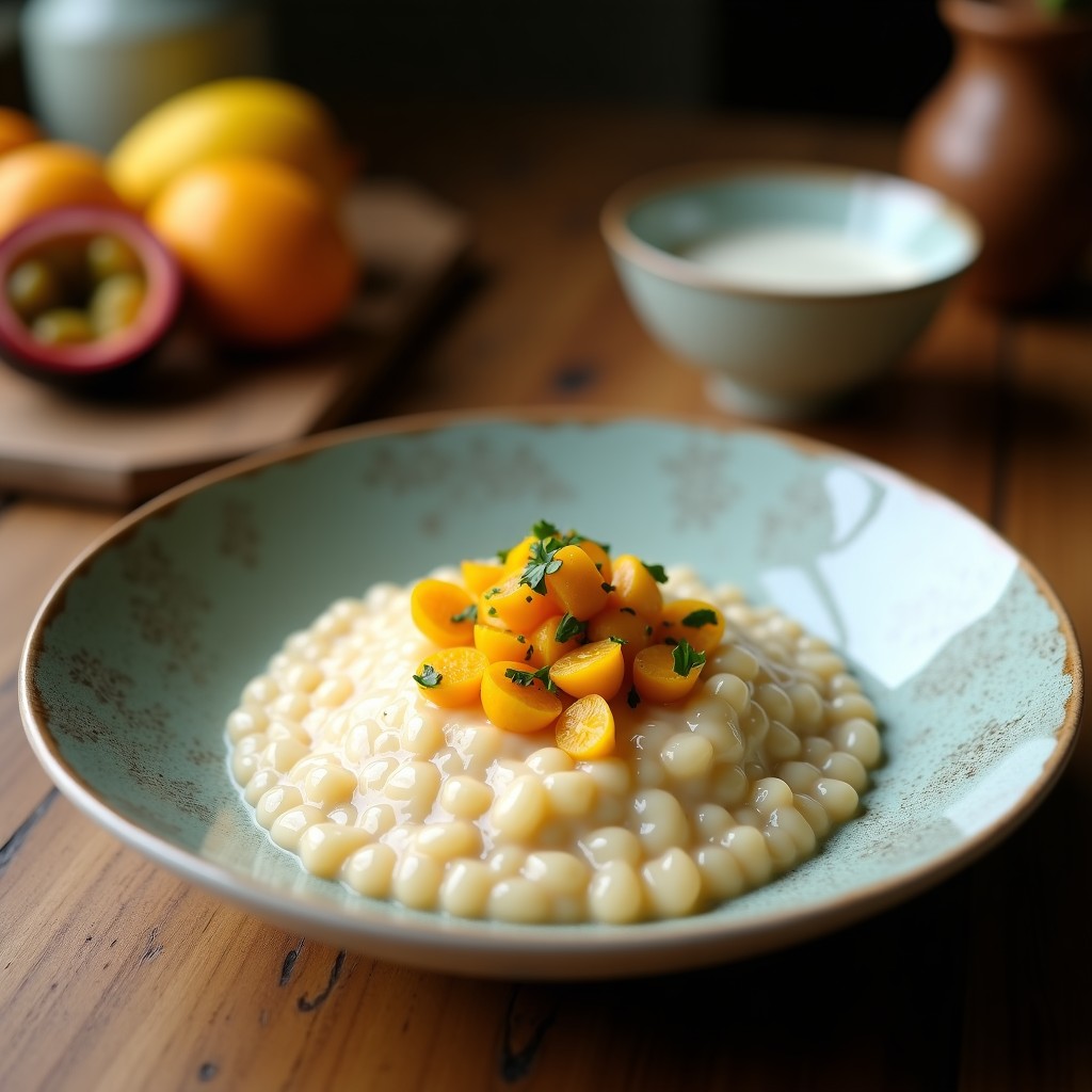 Bowl de porridge cremoso de trigo sarraceno con leche de coco, coronado con pulpa de granadilla amarilla, nueces picadas y coco rallado. Desayuno sin gluten y alto en fibra sobre fondo rústico de madera.