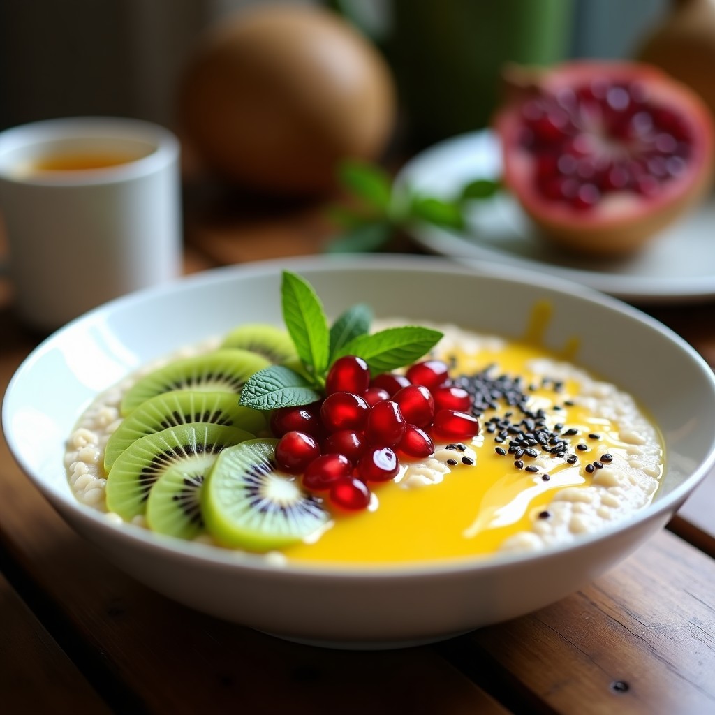 Bowl de porcelana blanca con porridge de trigo sarraceno cremoso, bañado en leche de tigre amarillenta con semillas de amapola negras espolvoreadas, decorado con rodajas de kiwi verde, semillas de granada rojas y hojas de menta fresca. Plato vibrante y colorido sobre fondo rústico de madera.