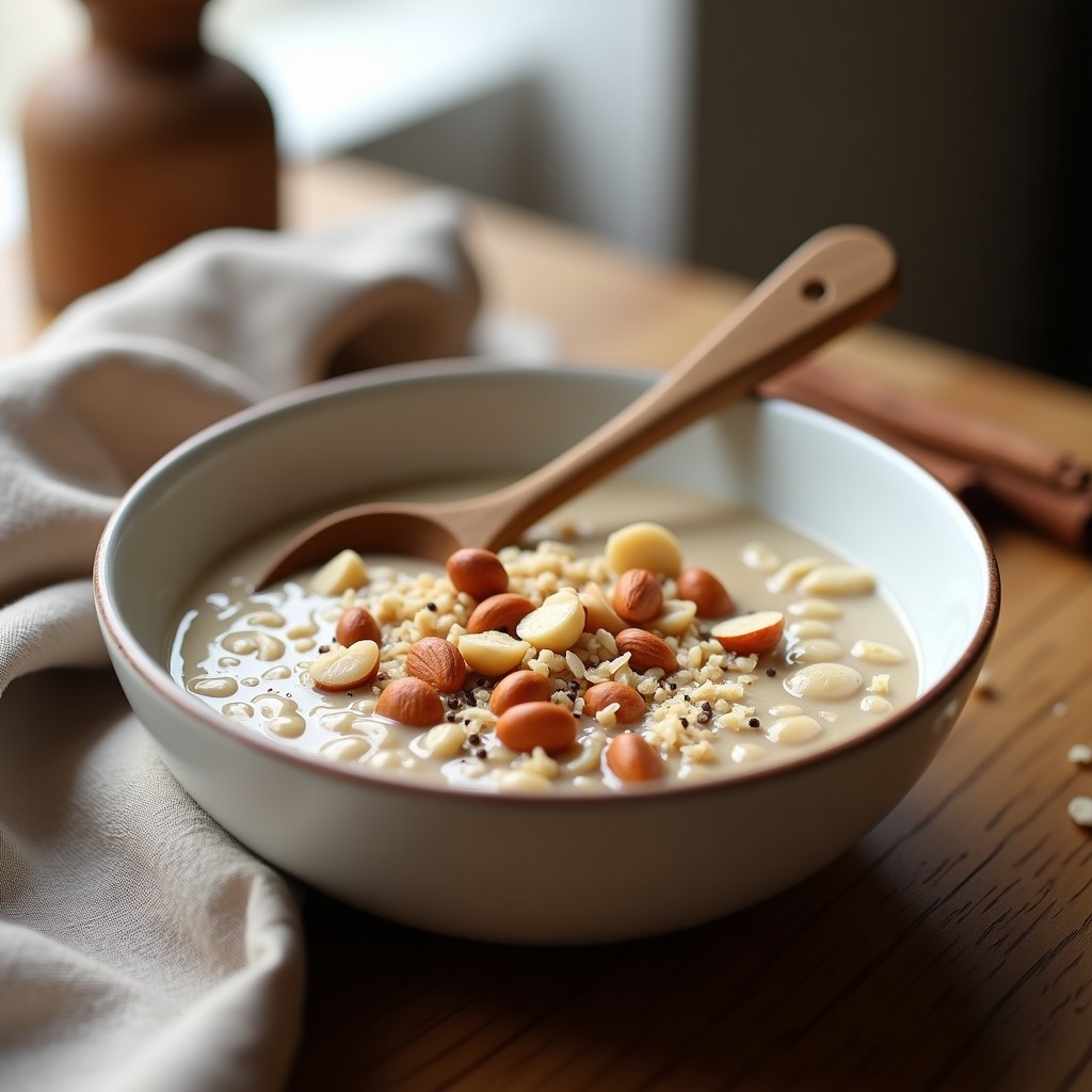 Bol de cerámica blanca con porridge de trinchera cremoso, decorado con avellanas picadas y coco rallado, servido sobre una mesa de madera con una cuchara de madera y un paño rústico. Receta de porridge de trinchera con leche de avellanas y canela, desayuno keto sin cocción.