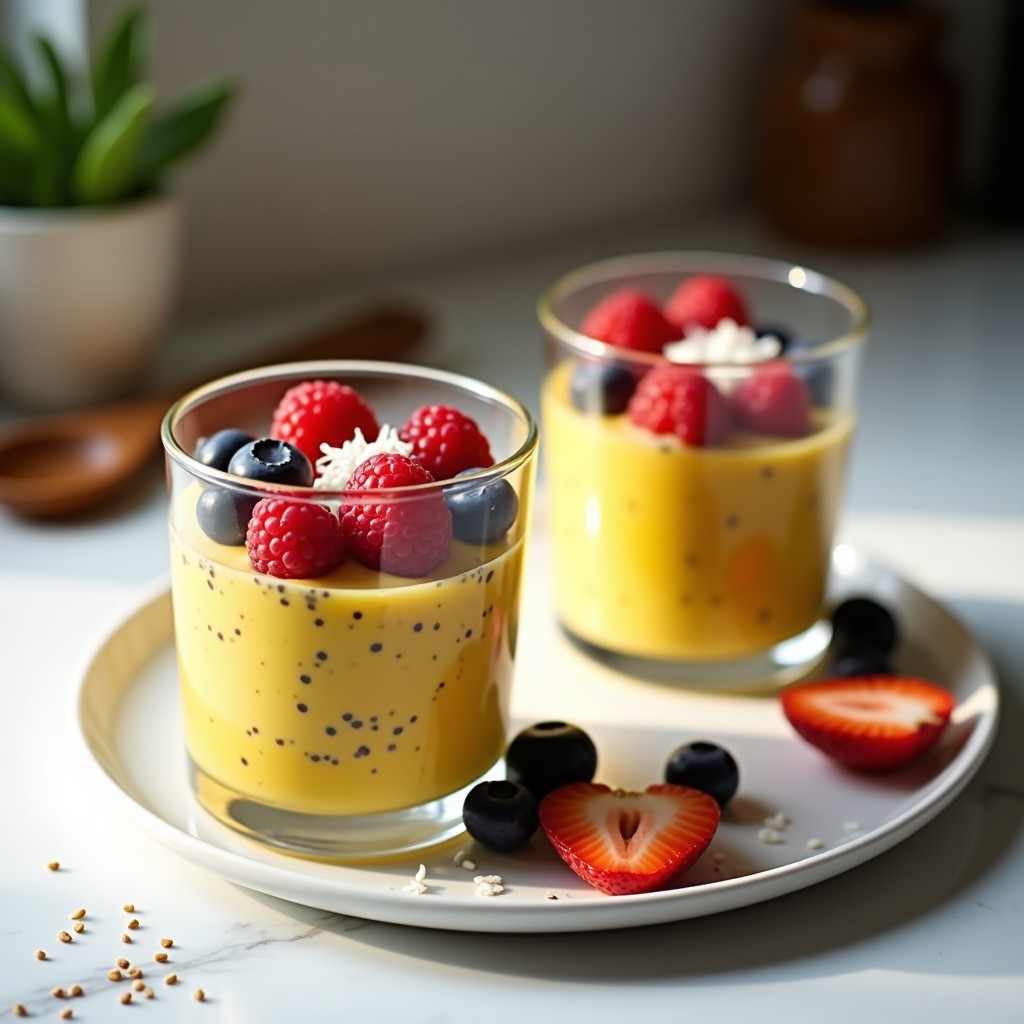 Vasitos transparentes con capas de pudín de chía dorado y leche de cúrcuma, coronados con frutos rojos frescos y coco rallado, postre antiinflamatorio sin azúcar sobre fondo blanco.