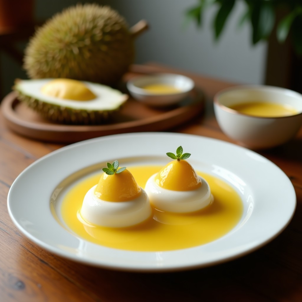 Copa de cristal transparente con capas de crema de durian y leche de coco, gelatina de maracuyá amarilla y semillas de chía, decorada con coco rallado. Postre malayo sin azúcar en textura sedosa.