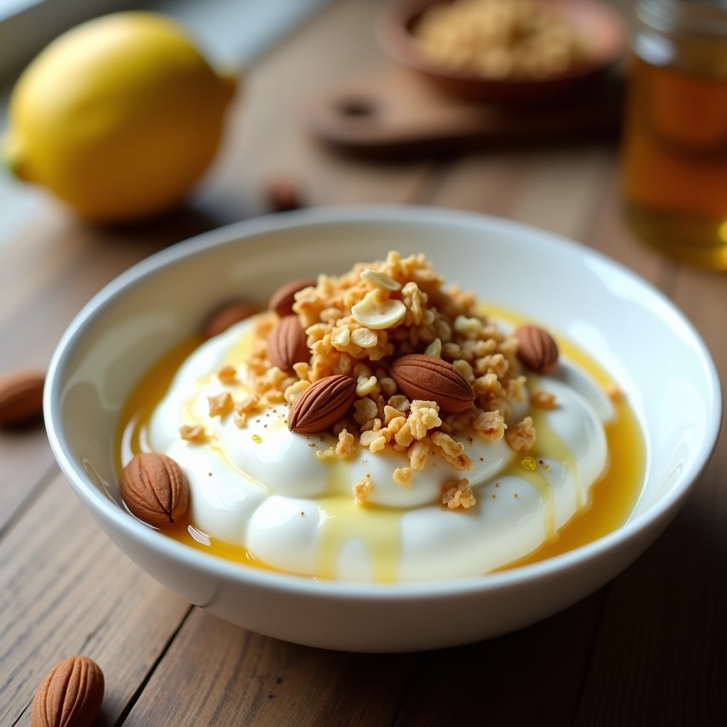 Postre de Yogur Griego con Granola de Almendras y Miel: Receta Alta en Proteína en 5 Minutos