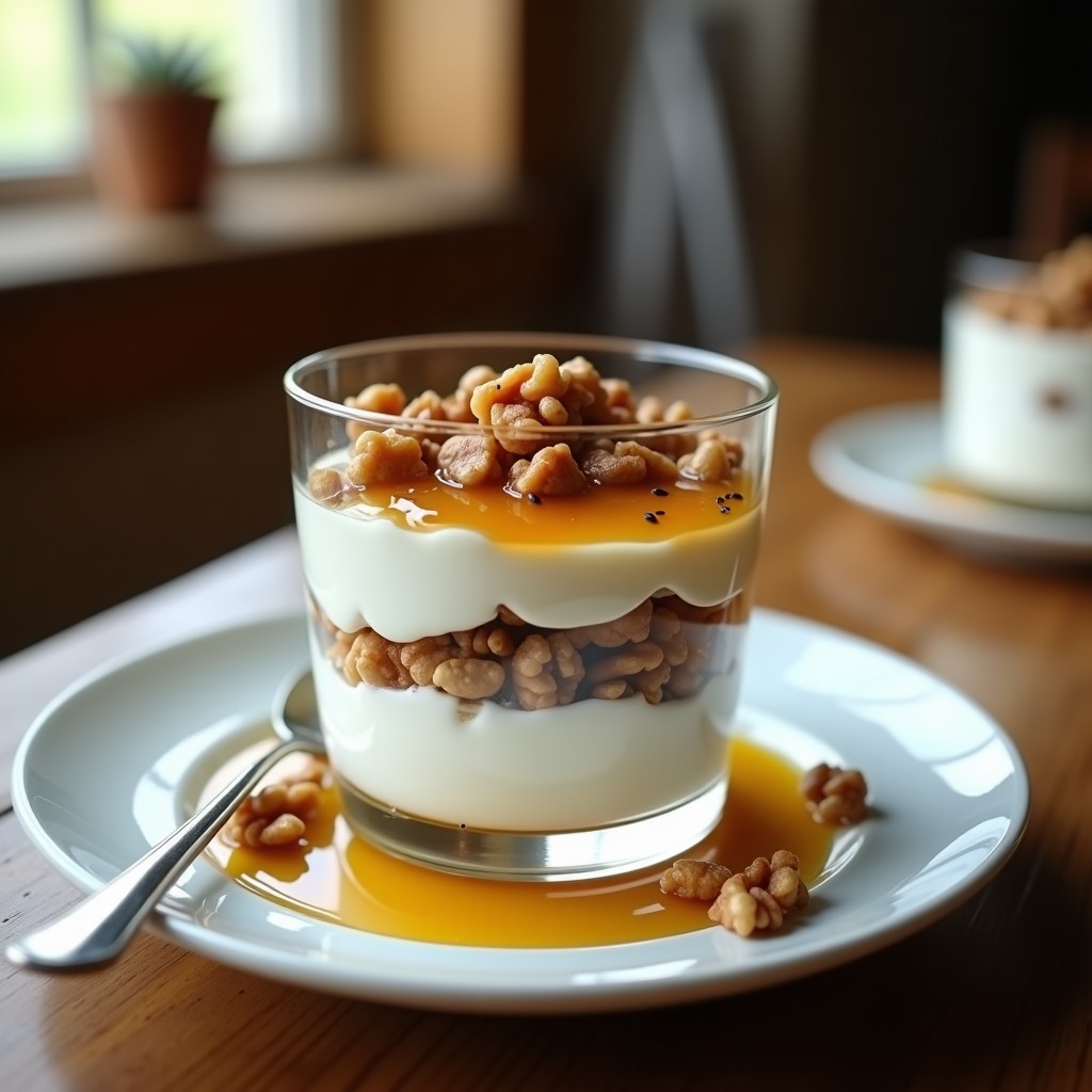 Copa de cristal transparente con capas de postre griego: yogur cremoso, miel dorada en espiral y nueces tostadas troceadas. Espolvoreado con canela y decorado con pétalos de rosa comestibles sobre fondo rústico de madera.