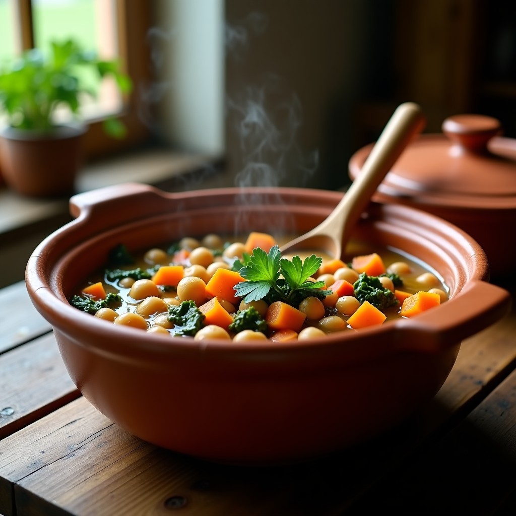 Olla de barro humeante con potaje de garbanzos y acelgas, servido en cuenco rústico con cuchara de madera y perejil fresco.