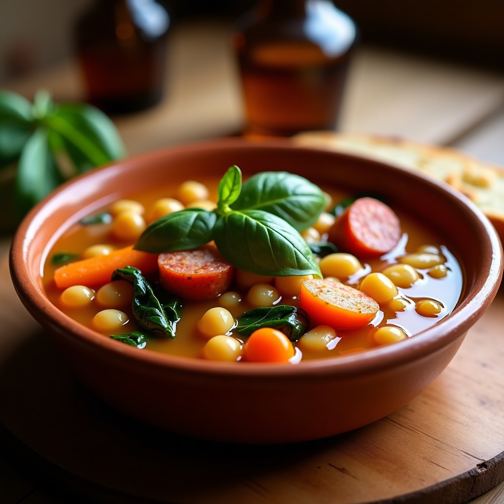 Plato hondo de barro con potaje de garbanzos y espinacas, chorizo en rodajas, patata y zanahoria, receta tradicional española.