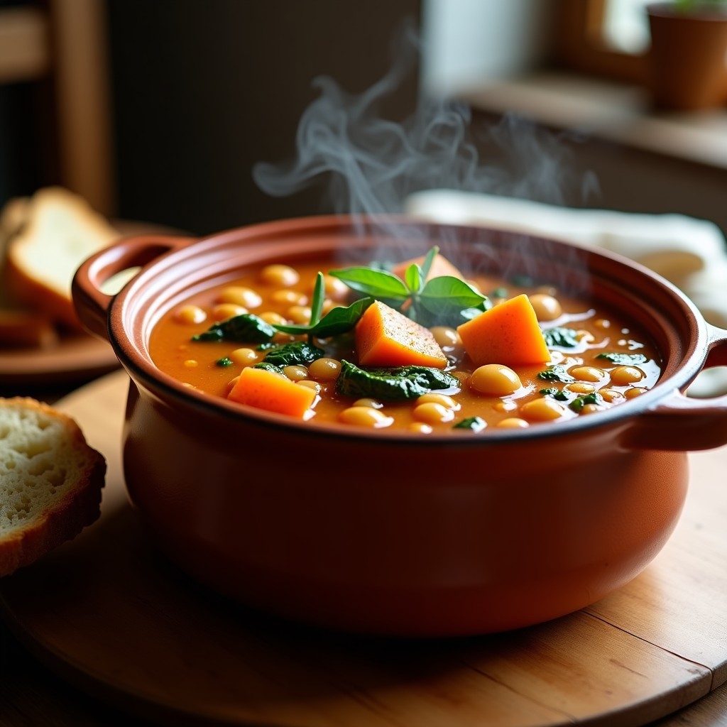 Olla de barro humeante con potaje de garbanzos y espinacas, espeso y dorado, servido en cuencos de cerámica con pan tostado al lado. Receta tradicional española.