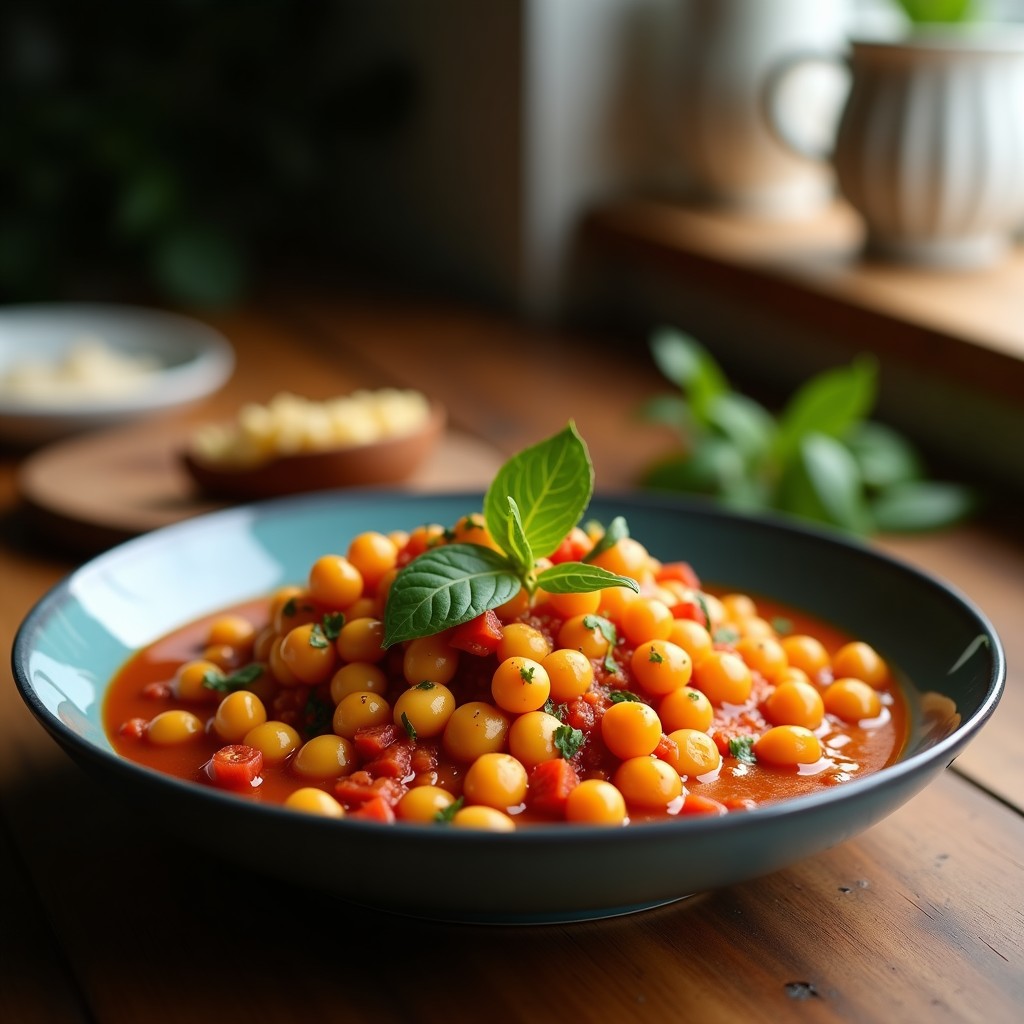 Olla de barro humeante con potaje de garbanzos y morcilla, rodajas de patata y zanahoria, servido en cuenco rústico sobre mesa de madera.
