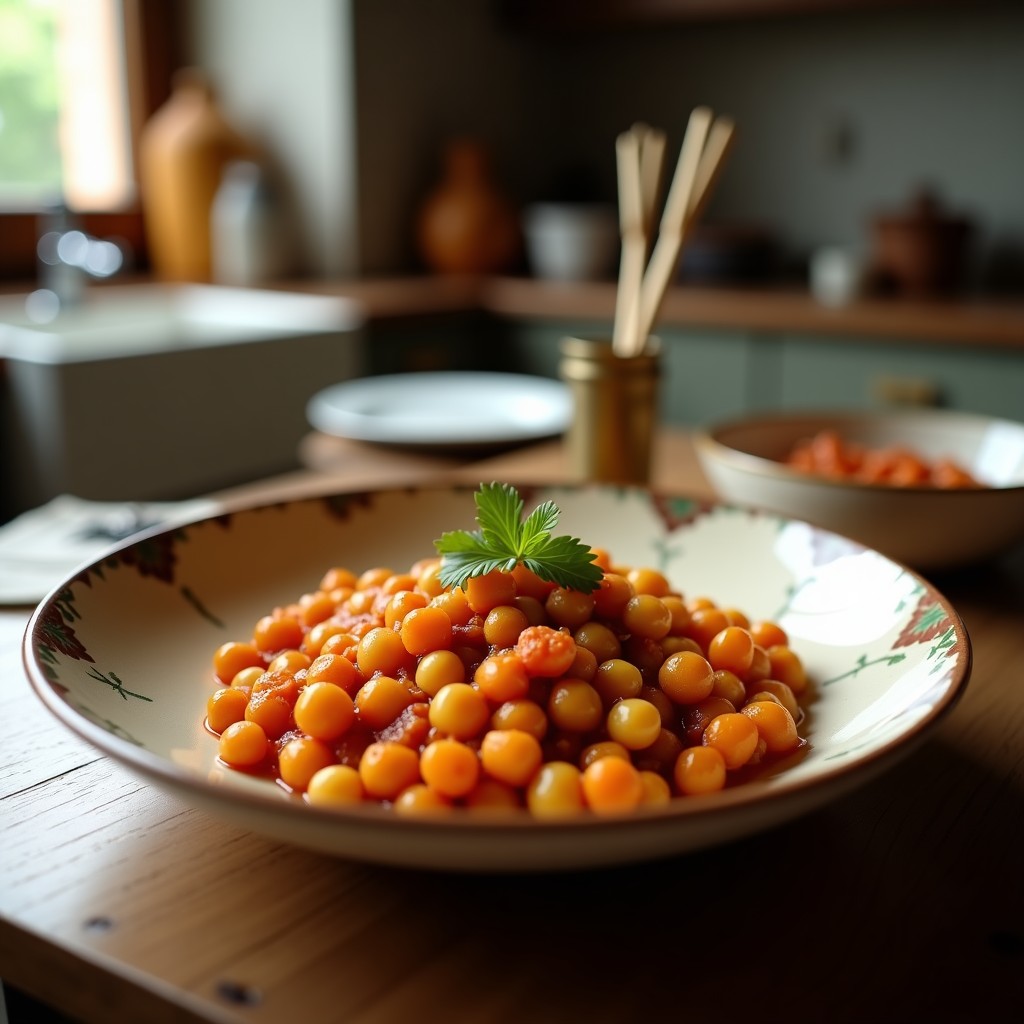 Plato hondo de barro con potaje de garbanzos moruno, chorizo y morrilla, servido con una cuchara de madera sobre fondo rústico.