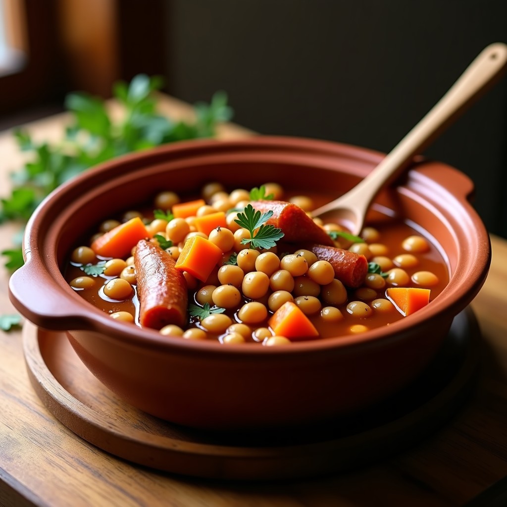 Olla de barro humeante con potaje de garbanzos, trozos de tocino dorado y hueso de jamón. Plato tradicional español servido en cuenco de barro con cuchara de madera.