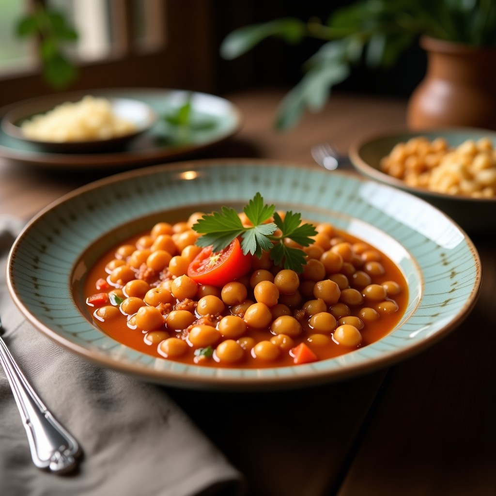 Olla de barro humeante con potaje de garrofas, patatas y zanahorias, decorado con hoja de laurel y trocitos de panceta dorada.