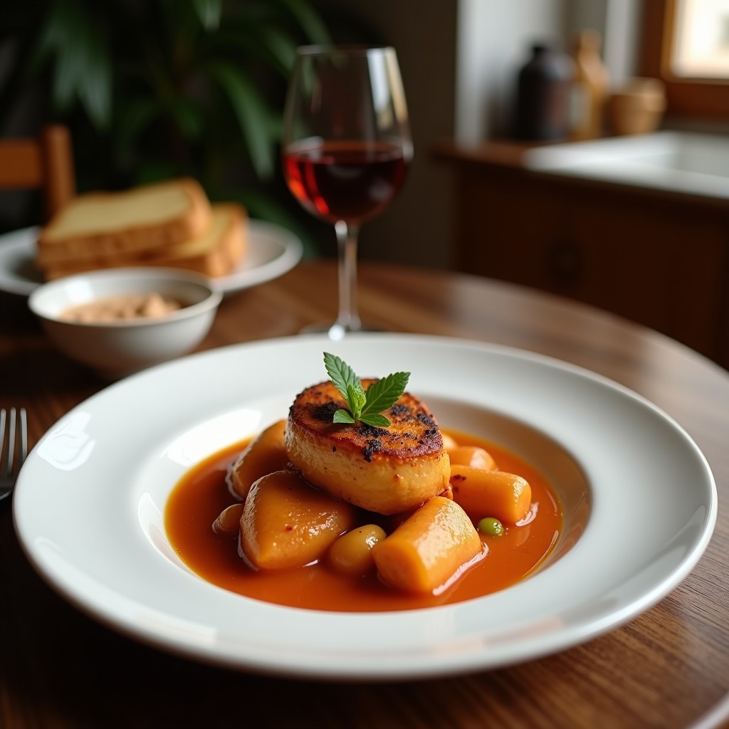 Olla de barro humeante con potaje de garrofón castellano, garbanzos, patatas, zanahorias y rodajas de morcilla y chorizo, servido en cuenco rústico.