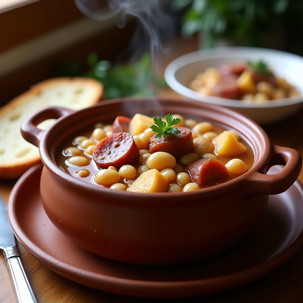 Olla de barro humeante con potaje de garrofón manchego, trozos de morcilla, patatas y hueso de jamón, servido en cuenco rústico de cerámica.