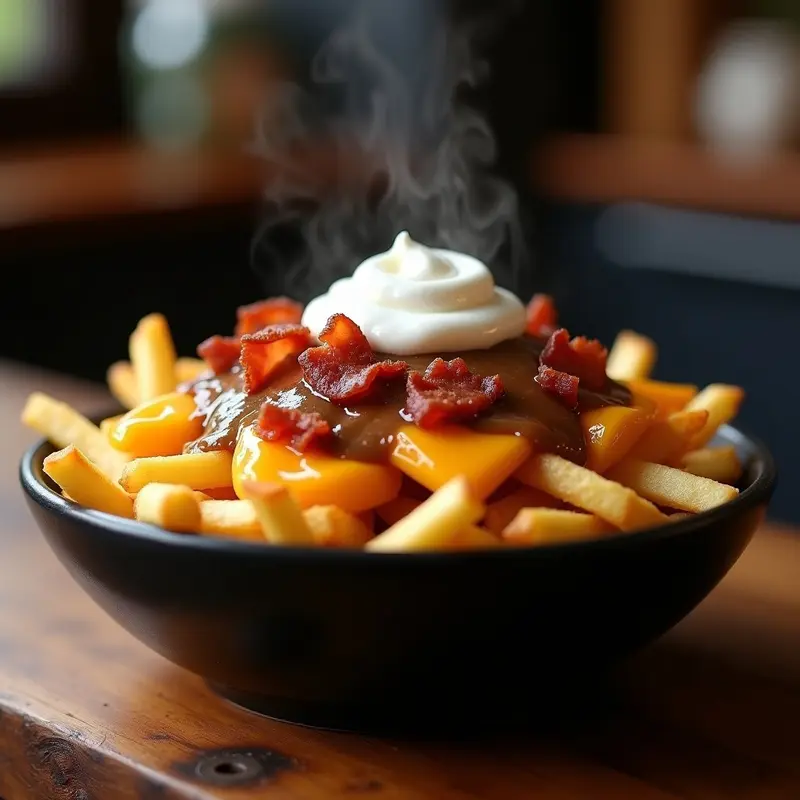 Poutine de Patatas Fritas con Queso Cheddar, Bacon y Crema Ácida: Receta Canadiense de Poutine Gourmet