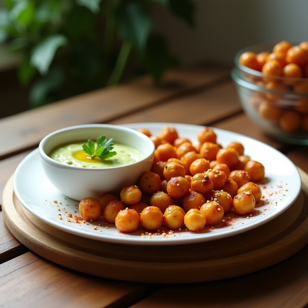 Plato de proteínas de garbanzo crujientes doradas al pimentón con dip de aguacate cremoso en bol pequeño, sobre fondo rústico de madera. Snack keto y sin harina.