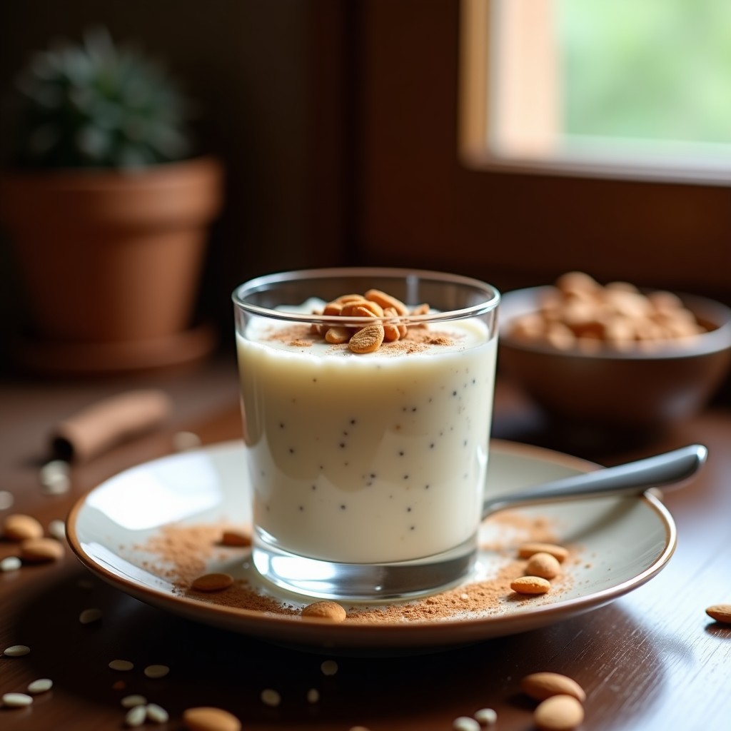 Vaso de cristal transparente con pudding de chía y arroz con leche, decorado con almendras fileteadas y canela en polvo, sobre fondo de madera rústica con semillas de chía esparcidas.