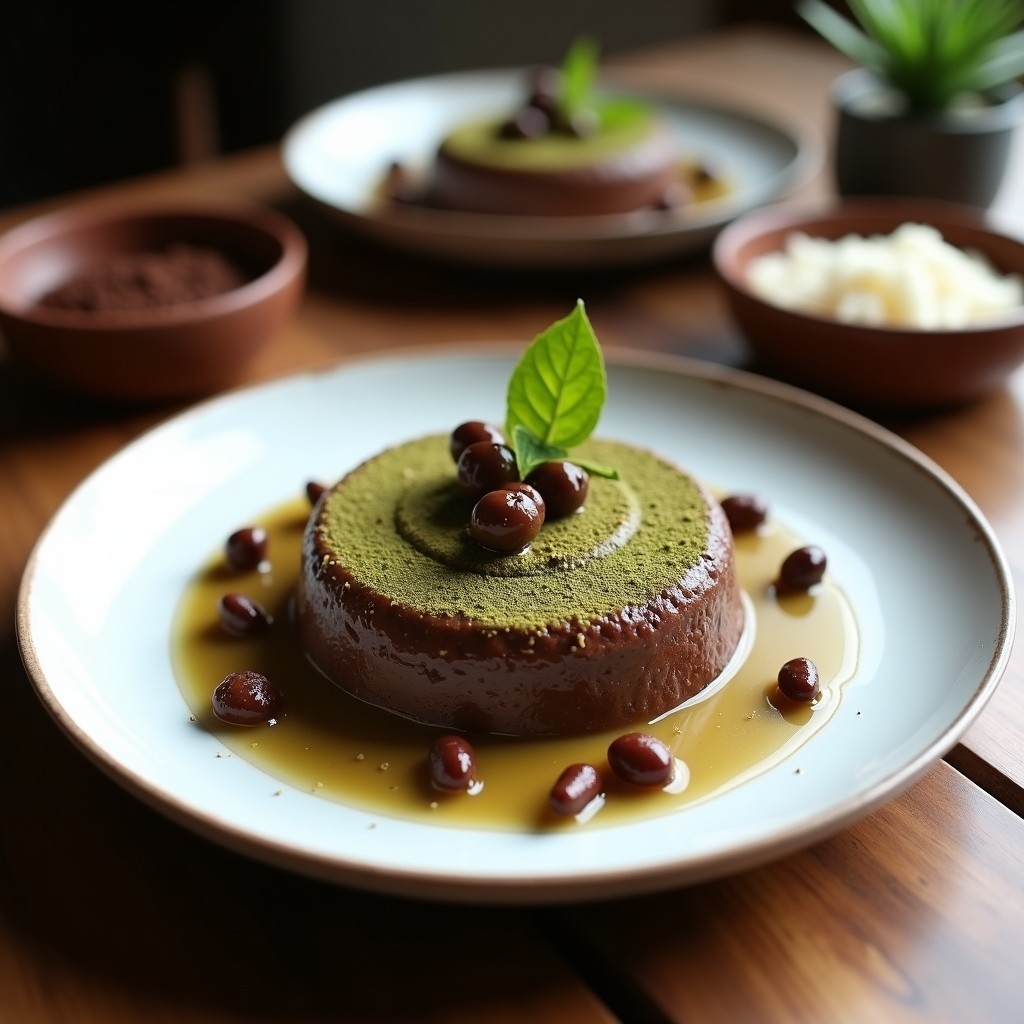 Vaso transparente con pudding de chía cremoso en capas, decorado con frambuesas frescas, anacardos tostados y coco rallado, con un toque de cacao y matcha en polvo por encima.