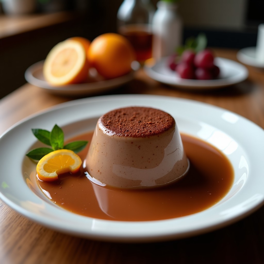 Pudding de chía cremoso en bol de cerámica blanca, con capas de cacao oscuro y decorado con almendras fileteadas, coco rallado y rodajas de naranja sangre, servido con cuchara de madera.