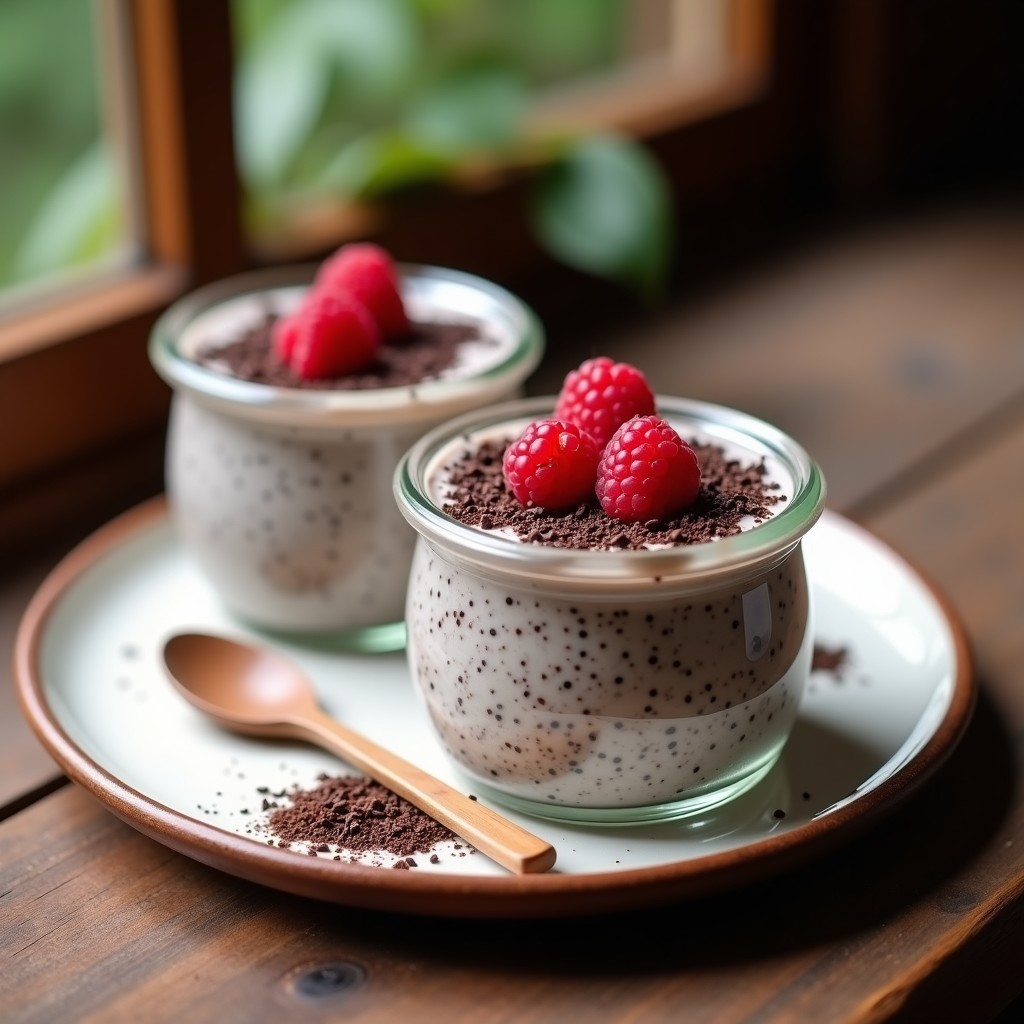 Tarros de vidrio transparentes con pudín de chía cremoso, espolvoreado con cacao nibs y decorado con frutos rojos, receta nocturna alta en proteína.