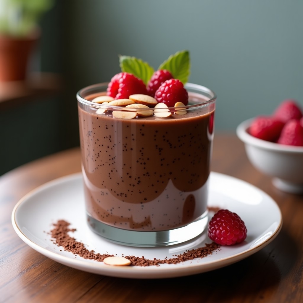 Vaso transparente con pudding de chía y cacao sin azúcar, decorado con almendras fileteadas y frutos rojos frescos, sobre una mesa de madera rústica.