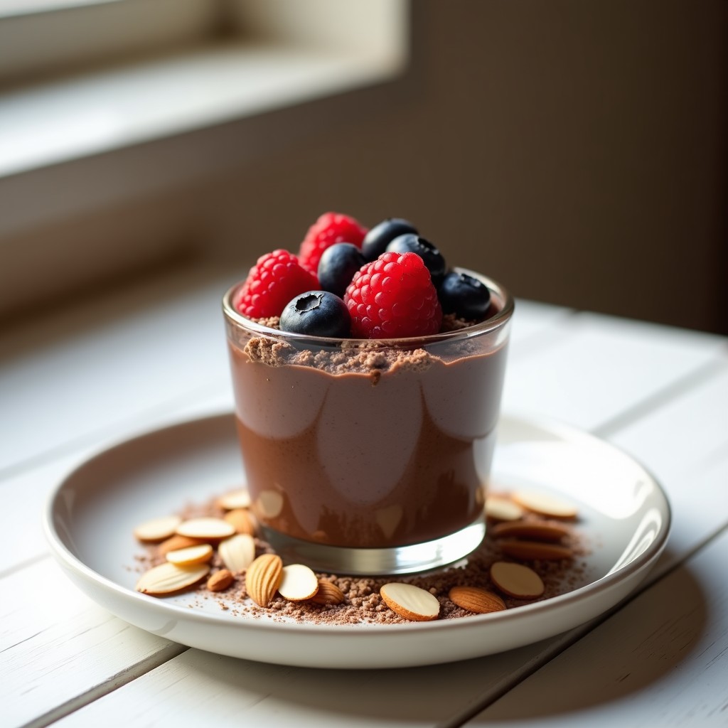 Copa de cristal transparente con pudín de chía y cacao vegano, decorado con frutos rojos y almendras fileteadas, sobre fondo blanco con textura rústica.