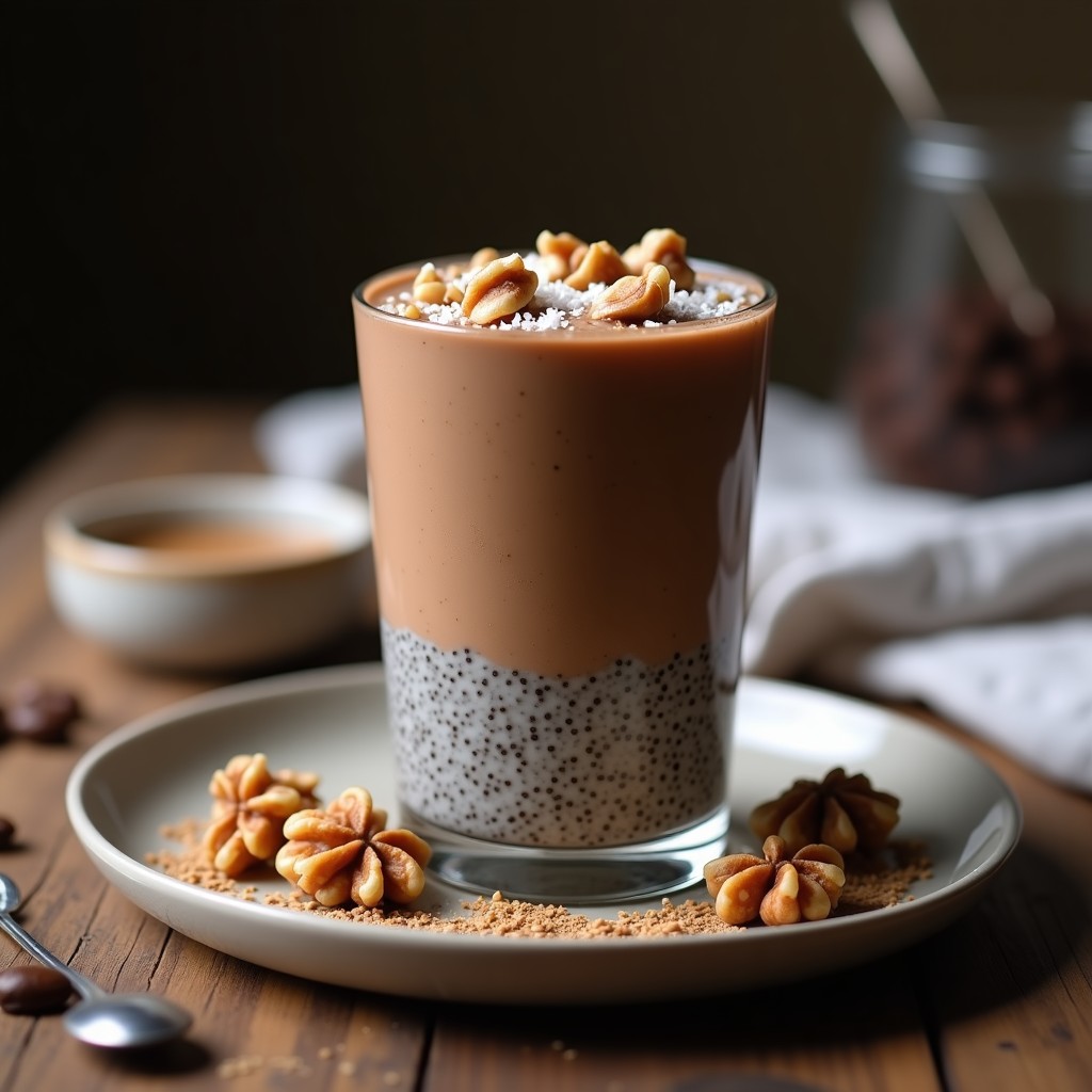 Vaso transparente con pudín de chía de café mocha proteico, decorado con nueces picadas y coco rallado, sobre fondo de madera rústica.