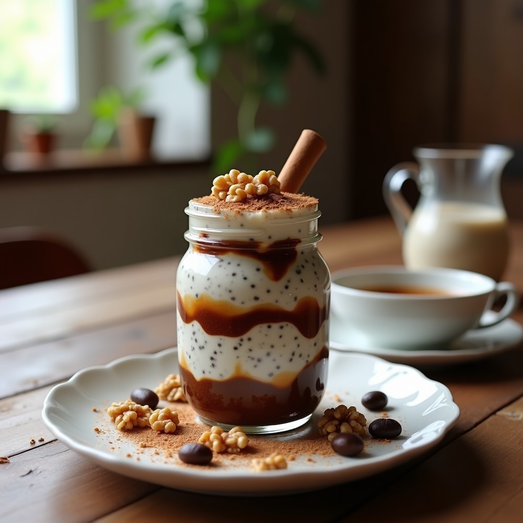 Vaso transparente con pudding de chía cremoso, capas de café y decoración de nueces picadas y canela, receta proteica sin cocción.