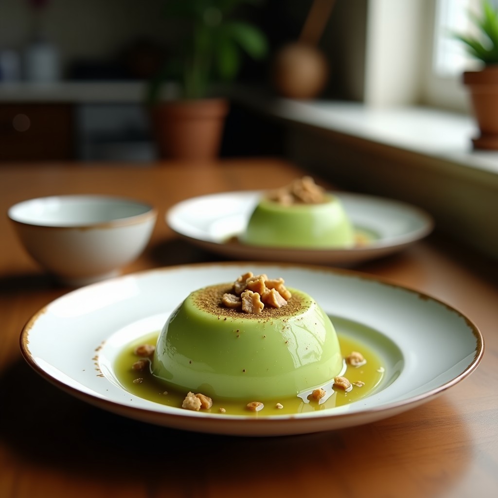 Vaso transparente con pudding de chía verde esmeralda, decorado con coco rallado y matcha en polvo, sobre fondo de madera oscura. Receta nocturna de pudding chía coco matcha.