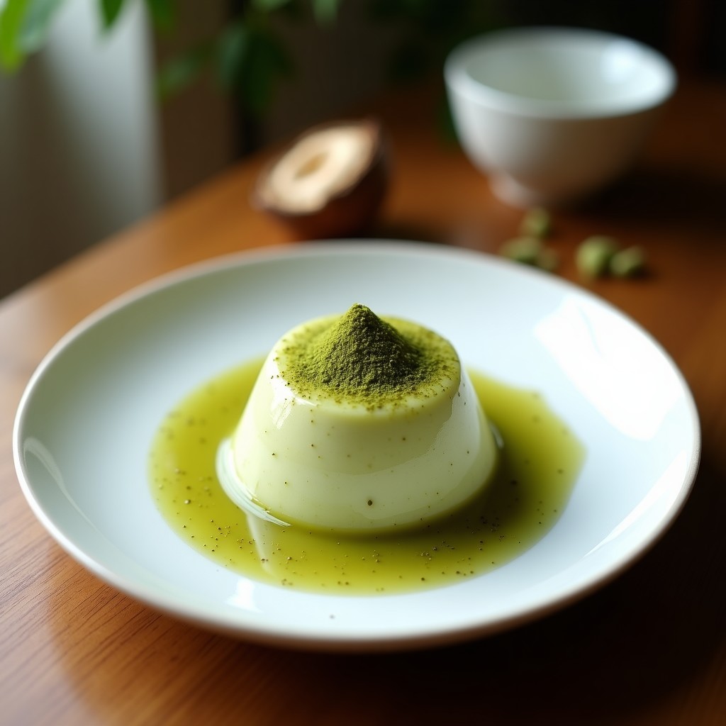Vaso transparente con pudding de chía verde claro espolvoreado con coco rallado y almendras fileteadas, receta sin azúcar y alta en proteína.