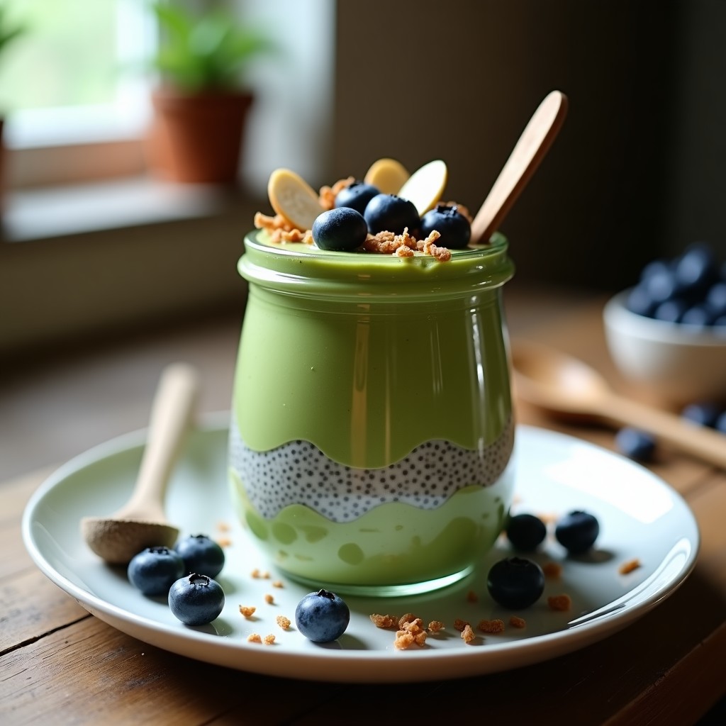Vaso de cristal transparente con pudding de chía verde intenso, decorado con almendras fileteadas y arándanos frescos, servido sobre una mesa de madera rústica con una cucharita de madera.